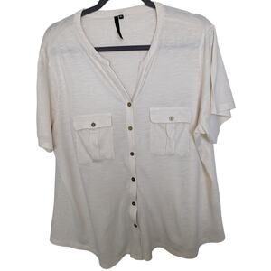 XL Women's Short Sleeve Button-Front Blouse V-Neck Cotton Rayon Casual Top